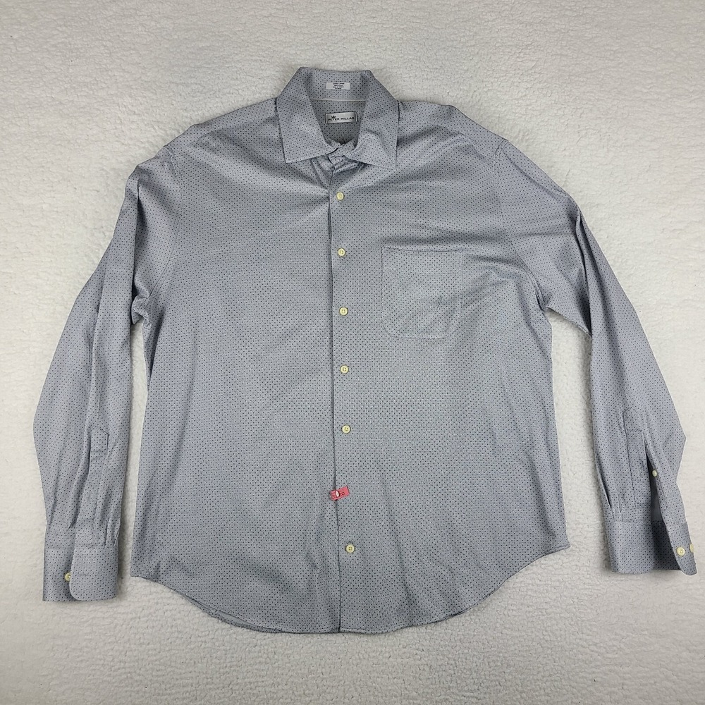 Peter Millar Dress Shirt Mens XL Blue Gray Geometric Stretch Button Up TURKEY EC